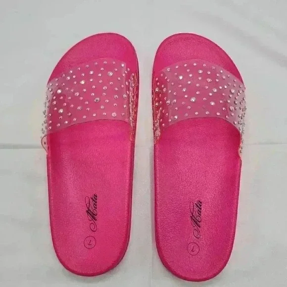 Mata Women's Rhinestones Clear Band Slide Sandals Hot Pink Size 7 - Picture 5 of 7